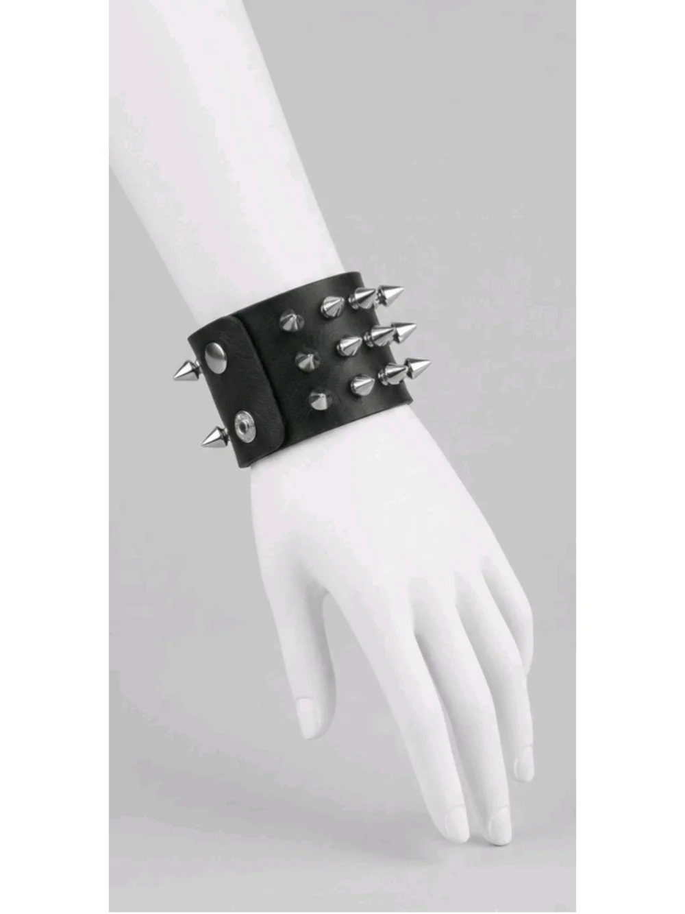 Gothic Punk Black Leather Wide Triple Row Spike Studded Bracelet Cuff Rock Jewel